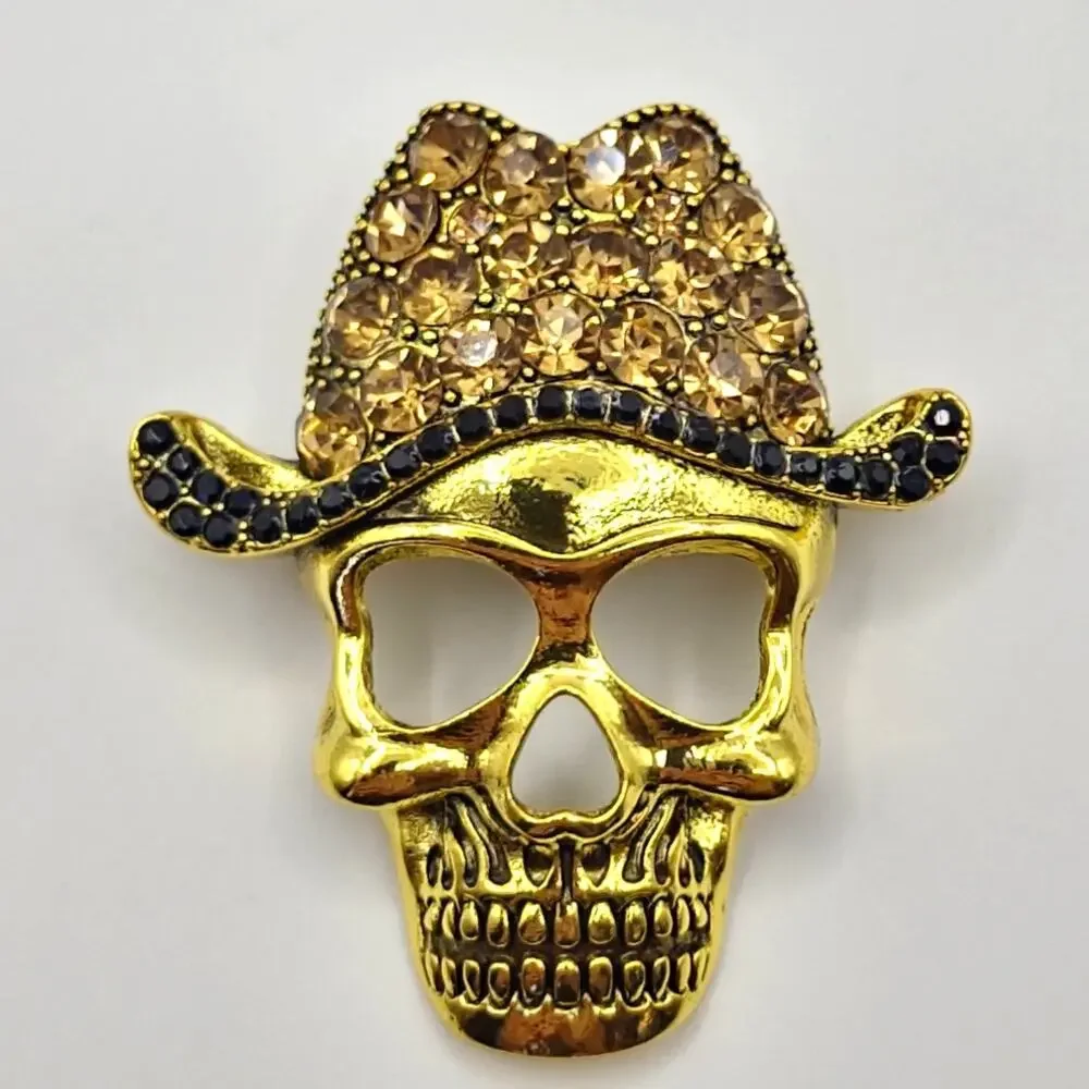 Skull in a Cowboy Hat Brooch Rhinestones on Gold Tone Metal Goth Halloween
